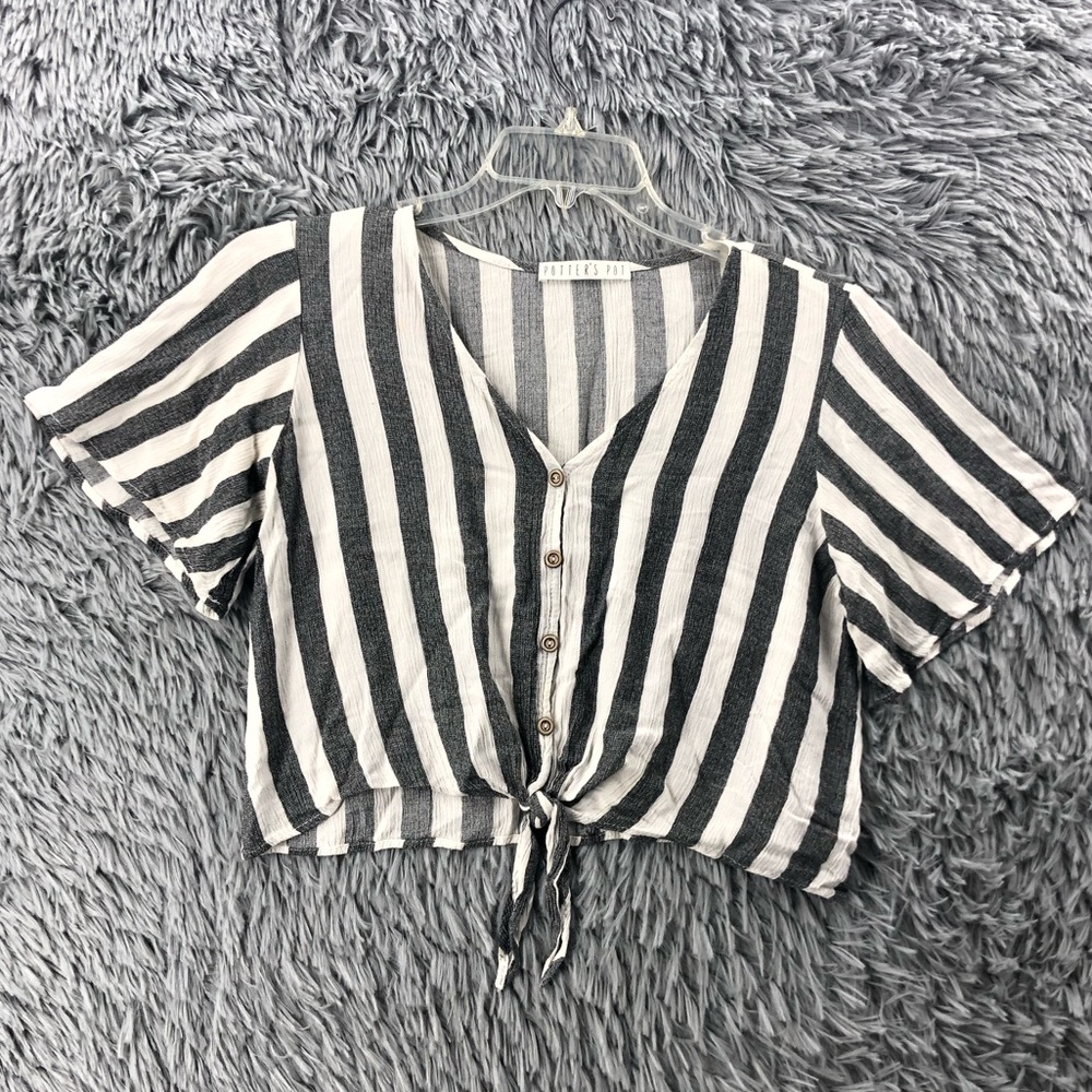 Potters Pot Shirt Womens Medium Striped Faux Button Cropped Tie Hem Top